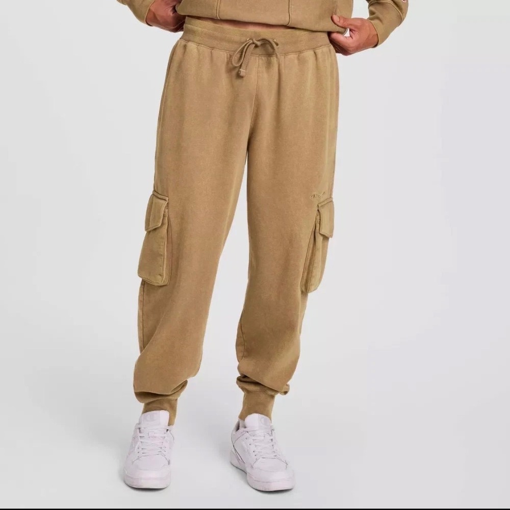 Champion Mens Cargo Sweatpants Tan Vintage wash Fleece Joggers Small athletic
